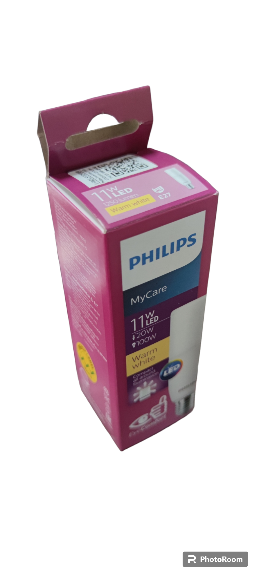 Philips MyCare E27 220V LED bulb 11W Warm White packaging showcasing energy-efficient lighting