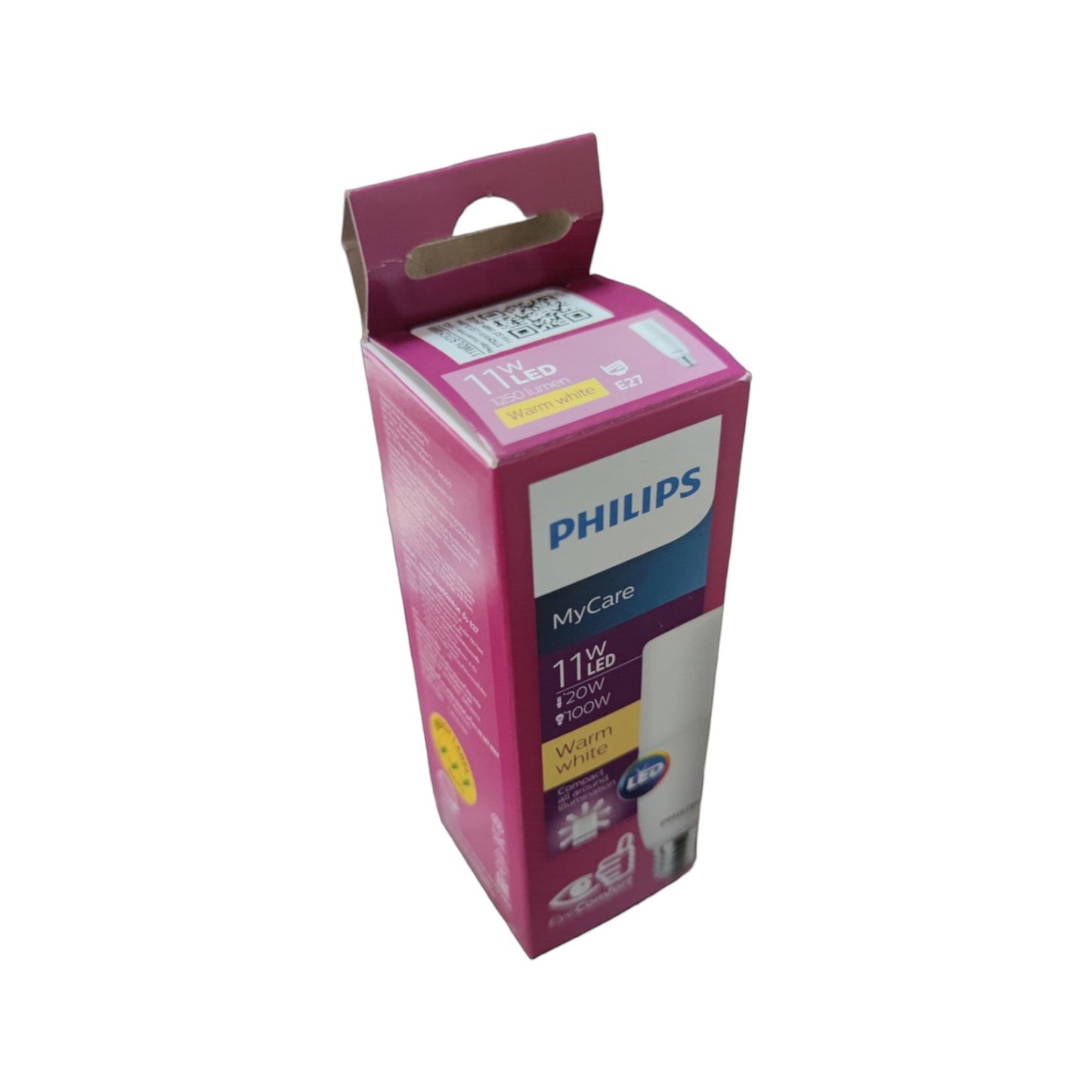 Philips E27 220V LED bulb 11W Warm White packaging showing energy-efficient features