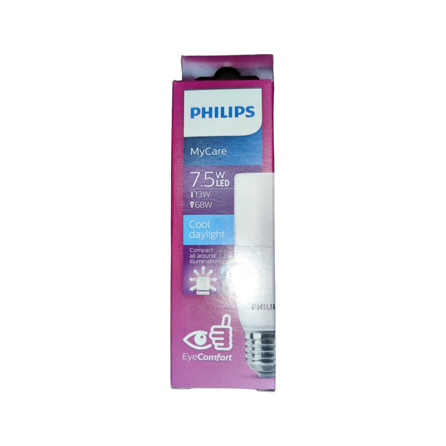 Philips eye comfort LED light 220V in packaging, providing 75W brightness for clear and comfortable visibility