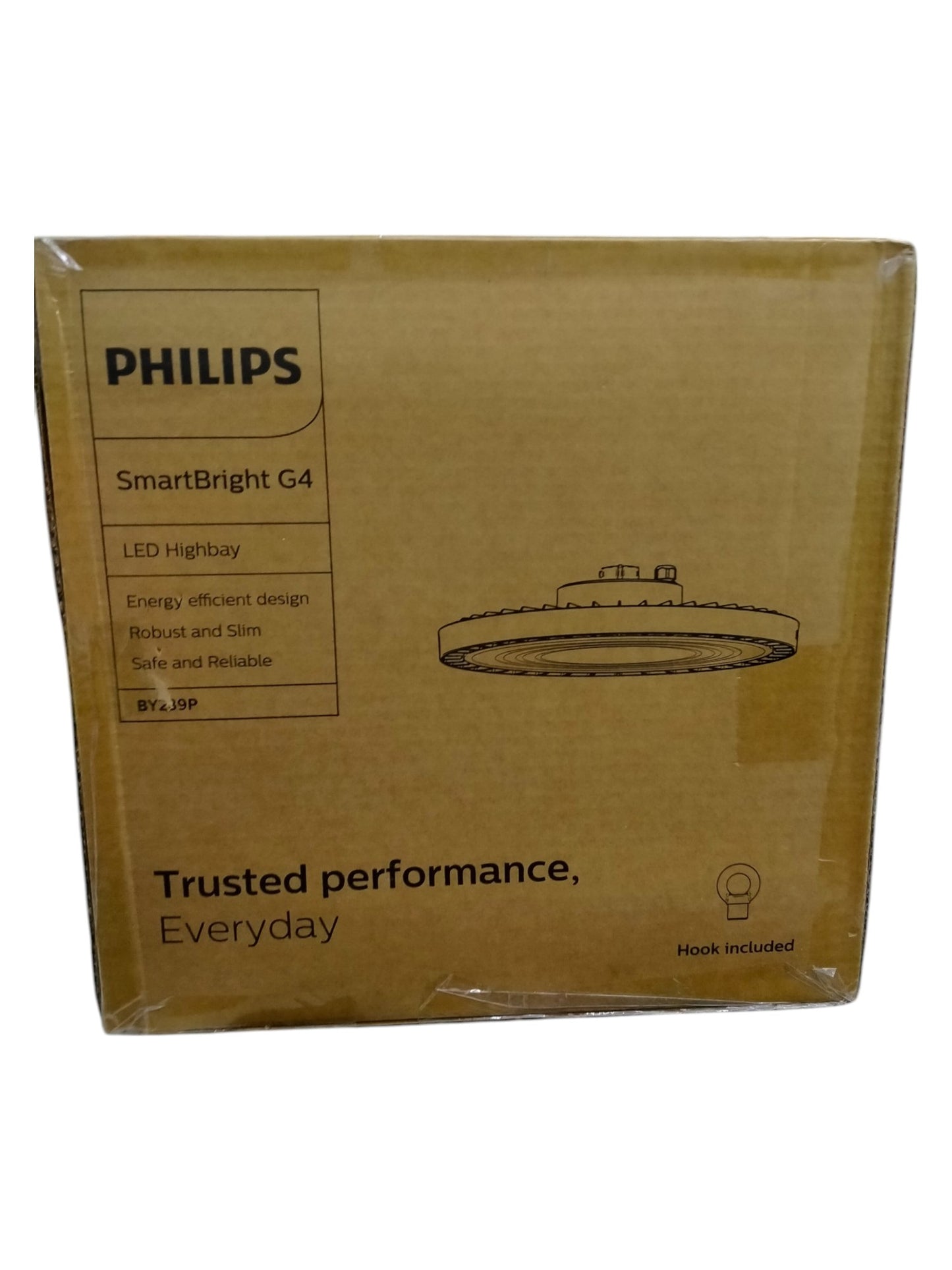 Philips LED high bay light 200W UFO Cool White in brown cardboard packaging box with product details