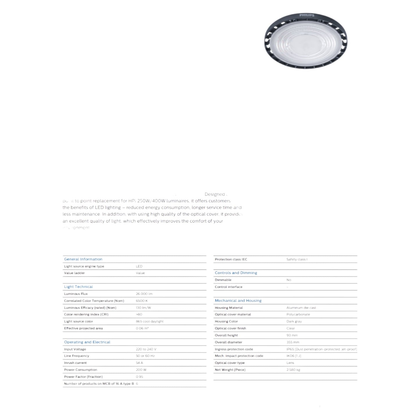Philip High Bay Light 150W 220V Lumens 18000 Cool White 6500K BY239P LED180/CW PSU GM G2 150W