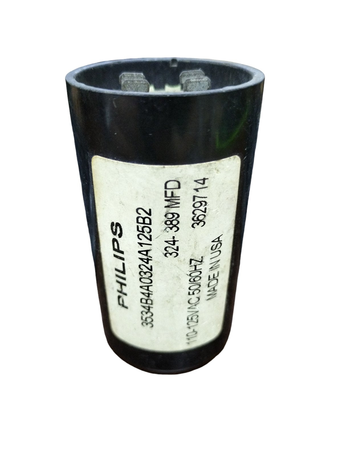 BMI Motor Starting Capacitor 324-389 MFD black cylindrical electrical component