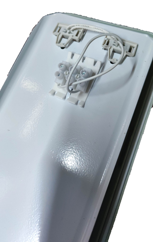 Close-up of Philips Opple 2x8W LED ECOFIT daylight lighting installation with wiring details