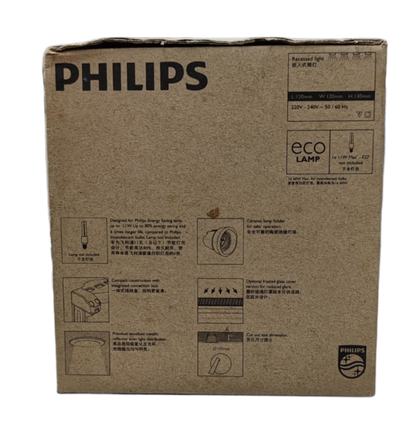 Philips packaging for Recessed Downlight E27 White Border with product details and eco-friendly features
