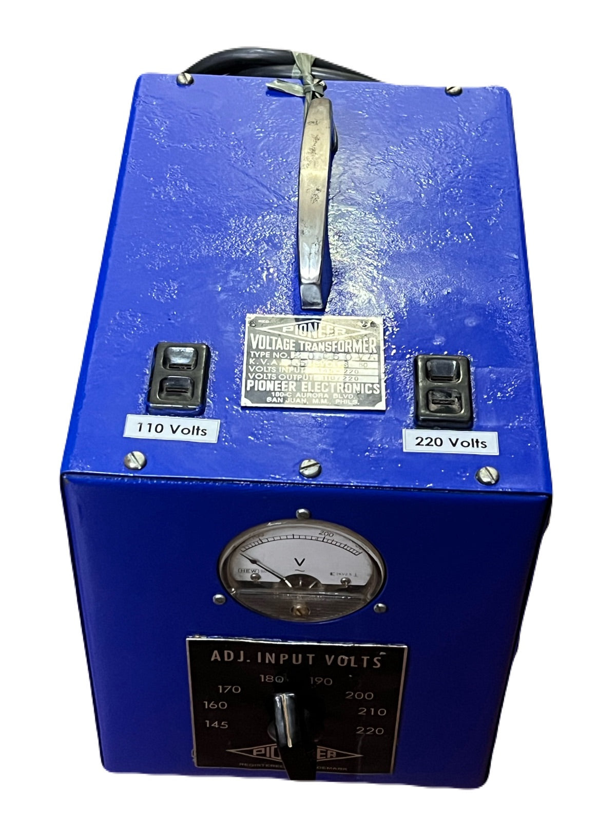 PIONEER step up step down transformer in blue with voltage selector and analog voltmeter