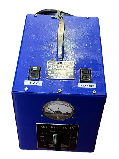 PIONEER step up step down transformer in blue with voltage selector and analog voltmeter