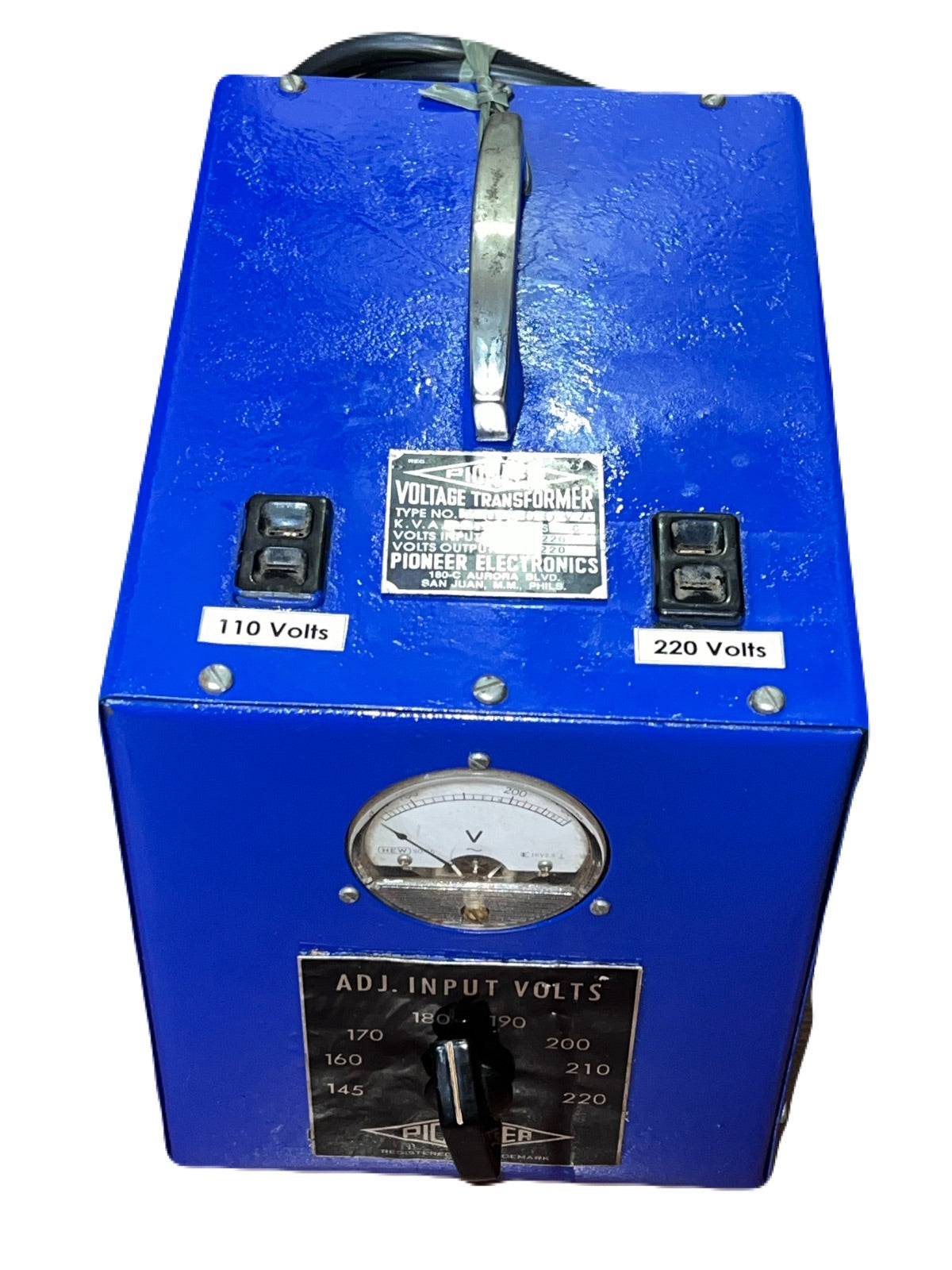 Blue PIONEER step up step down transformer with voltage adjustment dial and input voltmeter