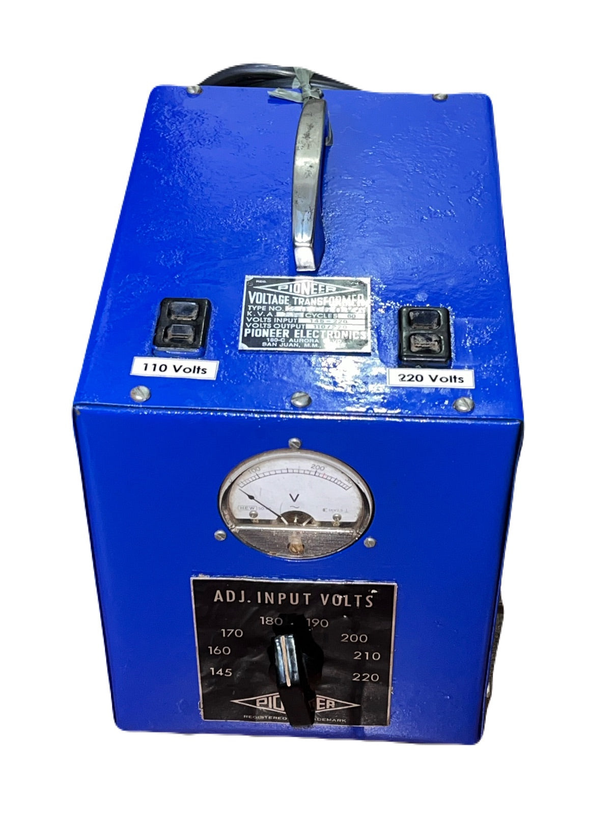 Blue PIONEER step up step down transformer with voltage adjustment dial and input voltage meter
