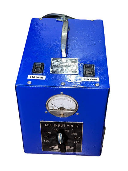 Blue PIONEER step up step down transformer with voltage adjustment dial and input voltage meter