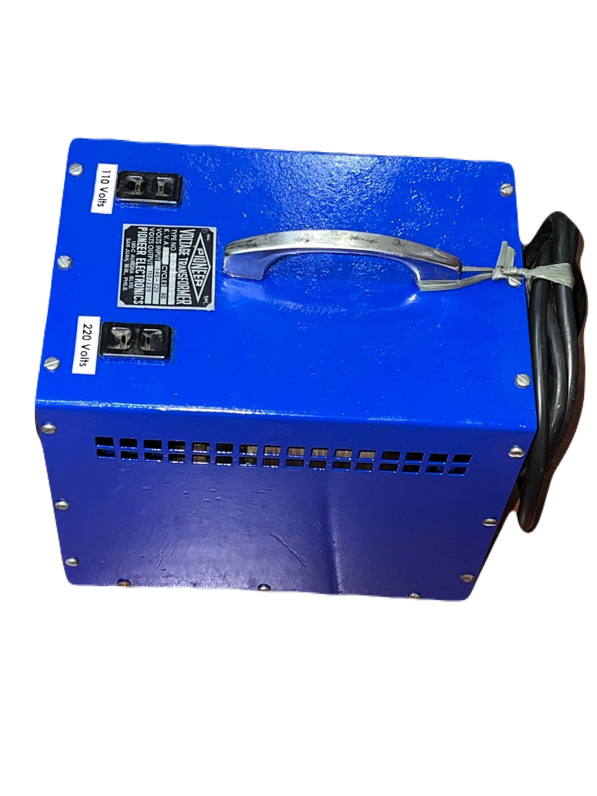 Blue PIONEER step up step down transformer with metal handle and power cord for electrical use