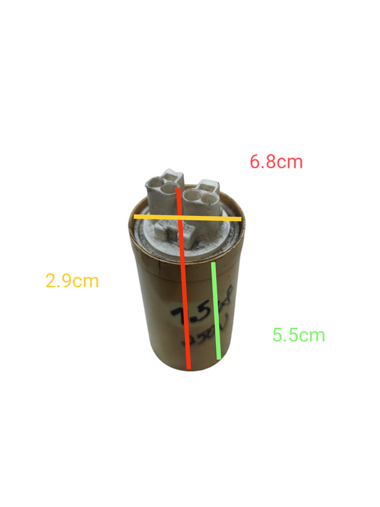 Plessey Ducon 7.5uf 250V AC running capacitor showing cylindrical shape and terminal connectors
