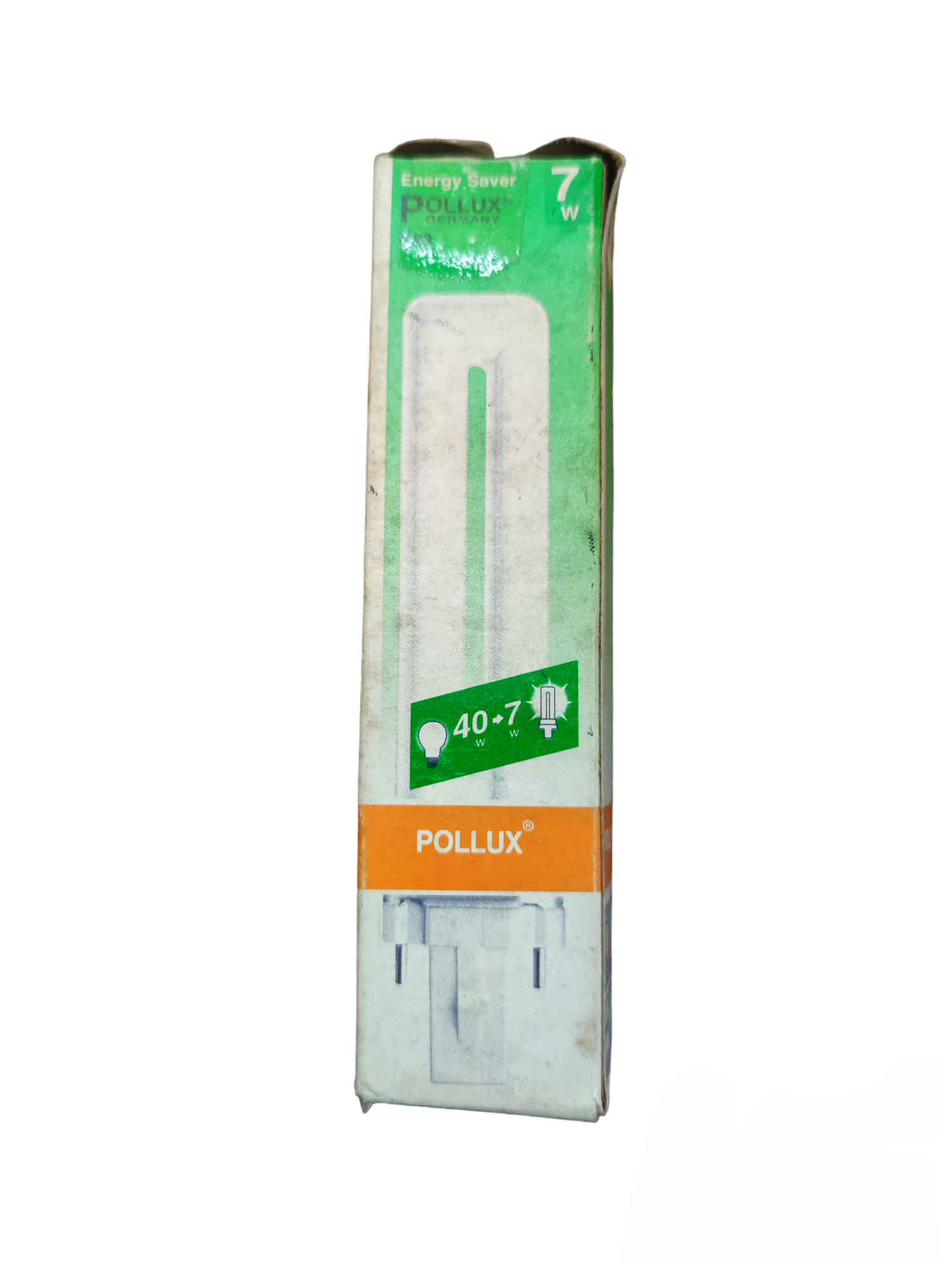 Pollux G23 Pin Base CFL Bulb 7W compact fluorescent energy saver light bulb in green and white packaging