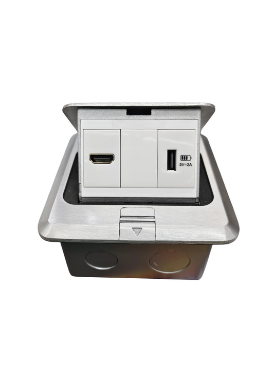 T&J pop up HDMI with USB-A power point and switch for convenient connectivity and charging