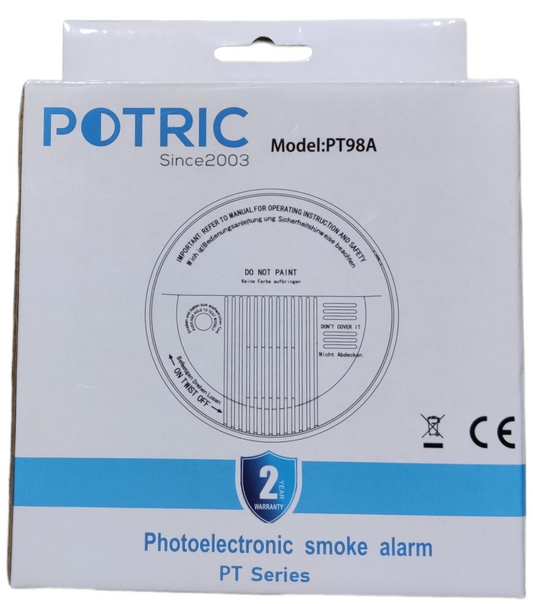 Potric photoelectric smoke alarm 9V PT98A model with 2 year warranty in white packaging
