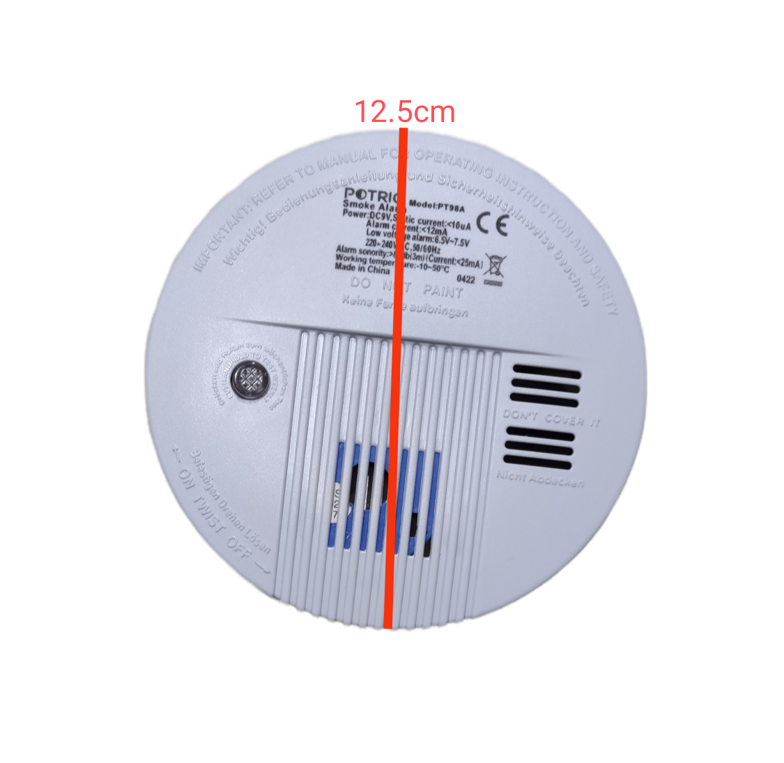Potric photoelectric smoke alarm 9V with 12.5 cm diameter for home fire safety