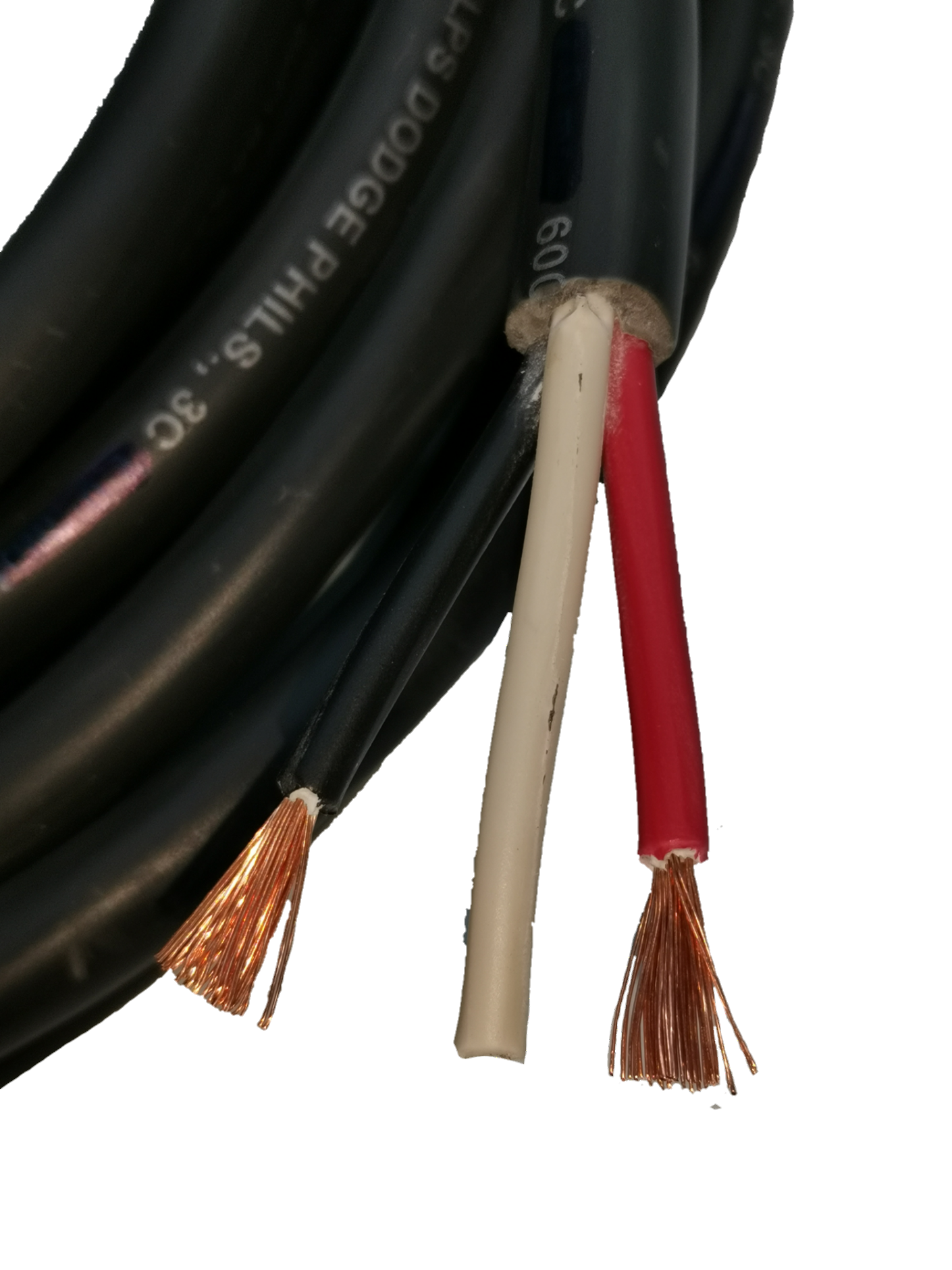 Close-up of Phelps Dodge Power Cable AWG 14 3 Core with three individual copper strands