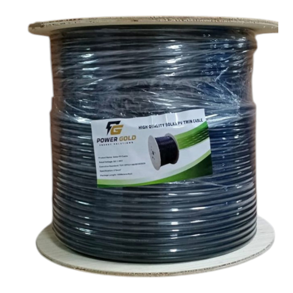 Power Gold Solar PV Twin Cable spool label close-up showing 2x6mm² specification and DC 1.5KV rating