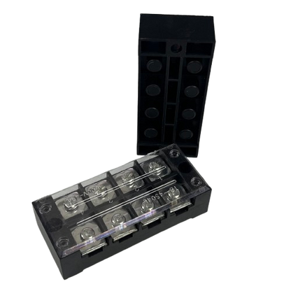 Grippes 45A 4 Pairs Terminal Block 600V black plastic base with clear cover and four screw terminals for wiring