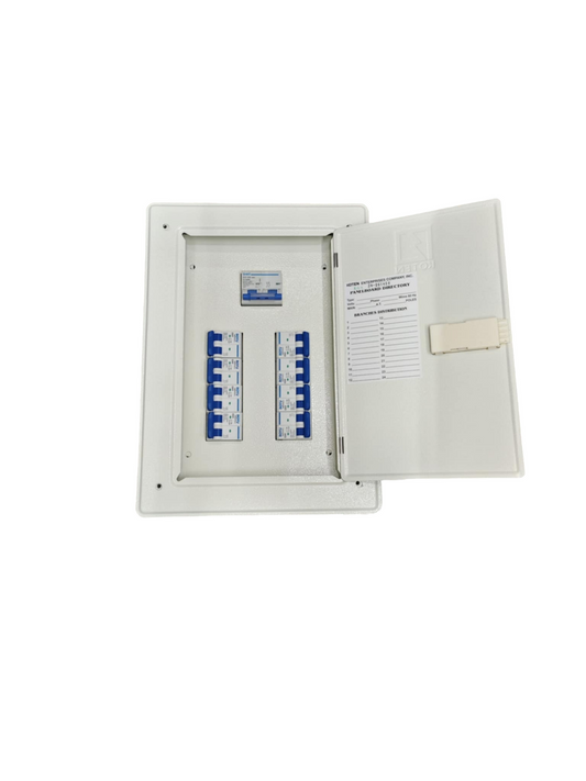 Chint Koten Royu white recessed MCB panel box open showing blue 2P breakers and labels 8 Branches with 100A 2P for MCB Panel Box.