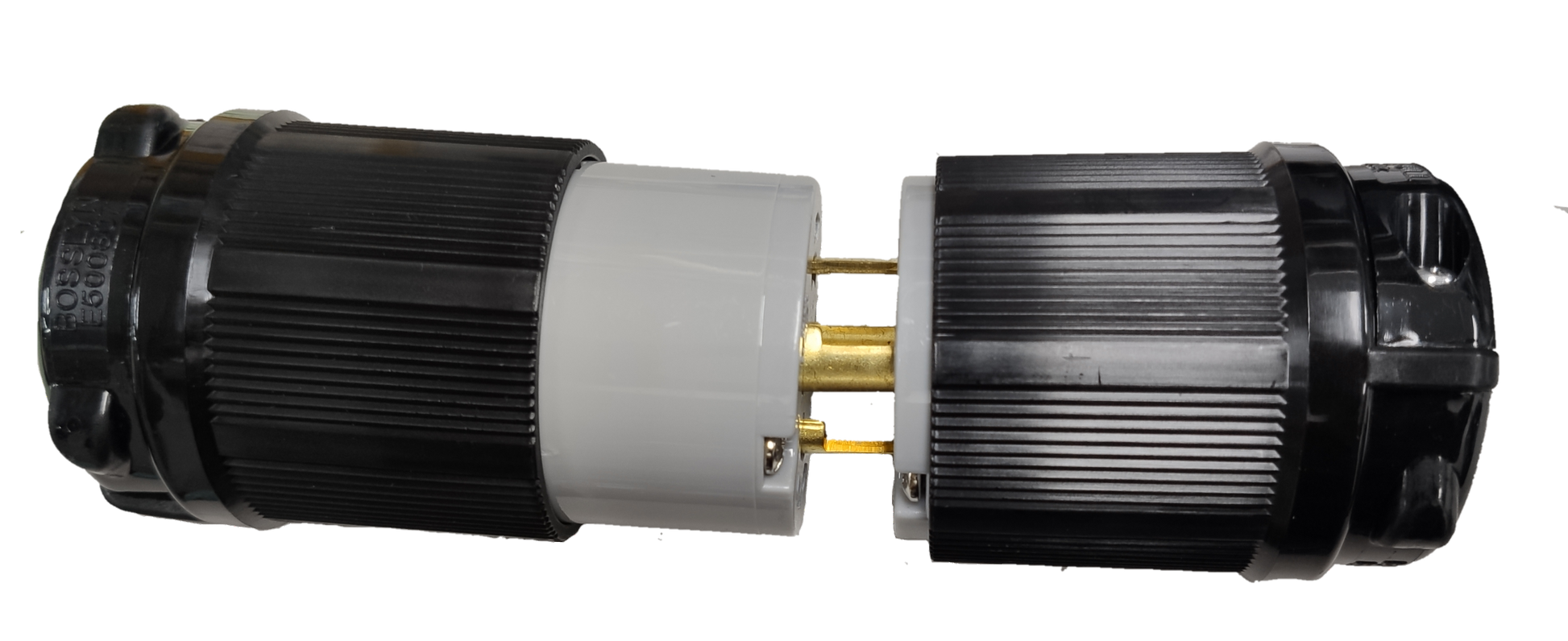 Grippes NEMA L15 250V industrial connector showing black twist lock male and female halves with brass pins