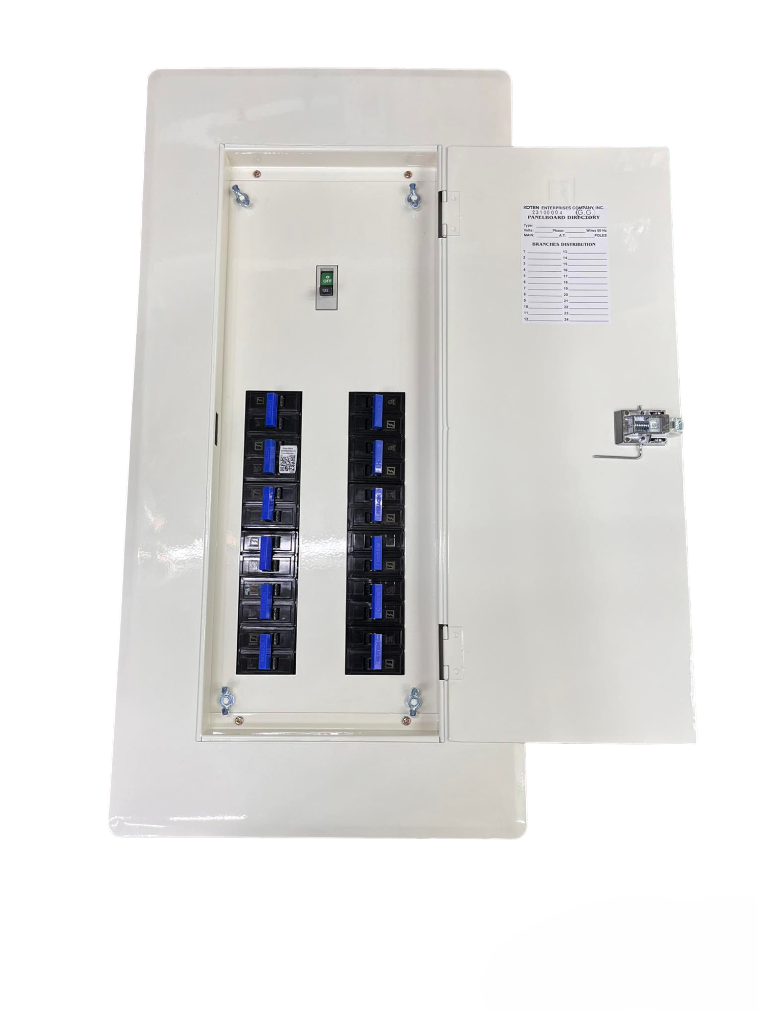 White Koten Panel Board 225A 250SP 2Pole with open door showing dual column breakers