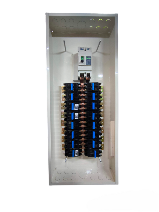 Koten 200A Panel Board 2 Pole 16 Branches white metal enclosure showing dual vertical breaker columns and copper bus bars