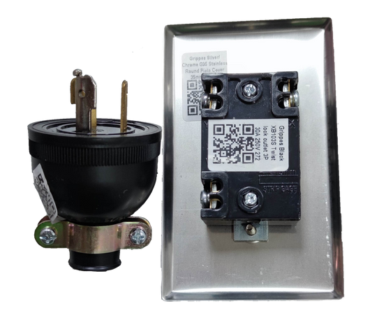 Grippes 30A twist lock wall outlet with stainless steel wall plate and black locking plug assembly