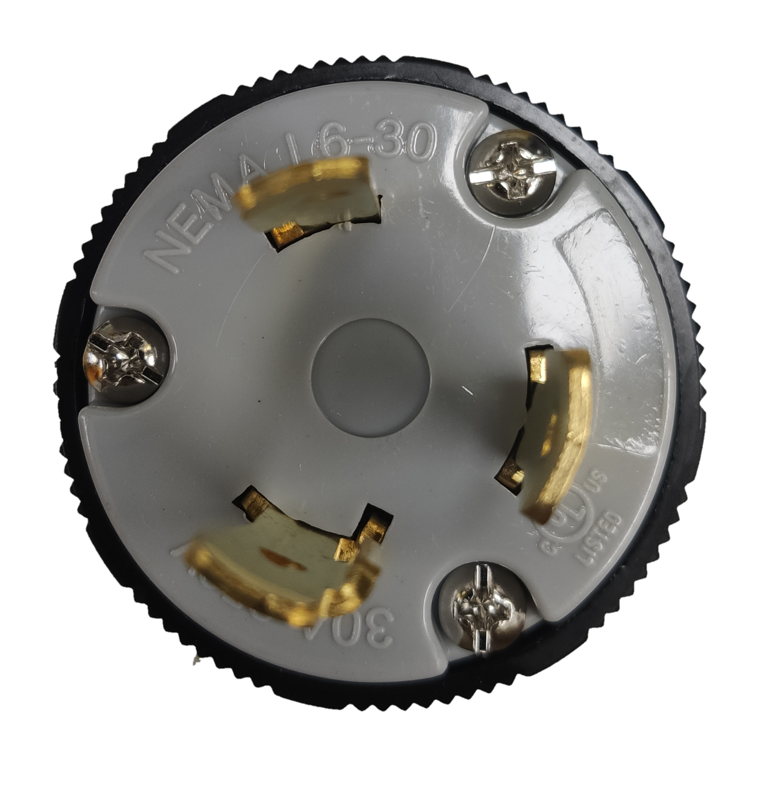 Grippes NEMA L6-30P industrial plug top view showing three gold contacts and screw terminals