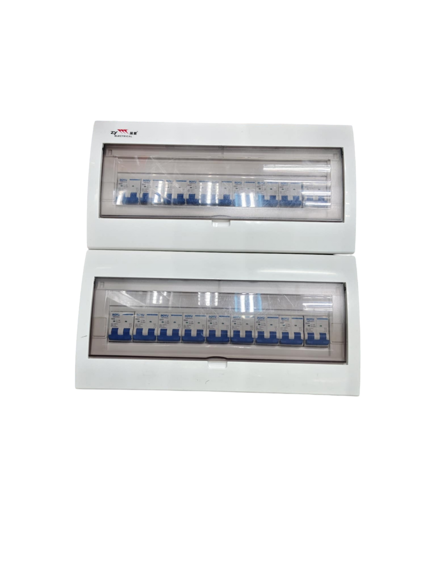 Royu and ZY 50A panel board with 17 branches for MCB. White dual row distribution box with clear cover and blue MCBs