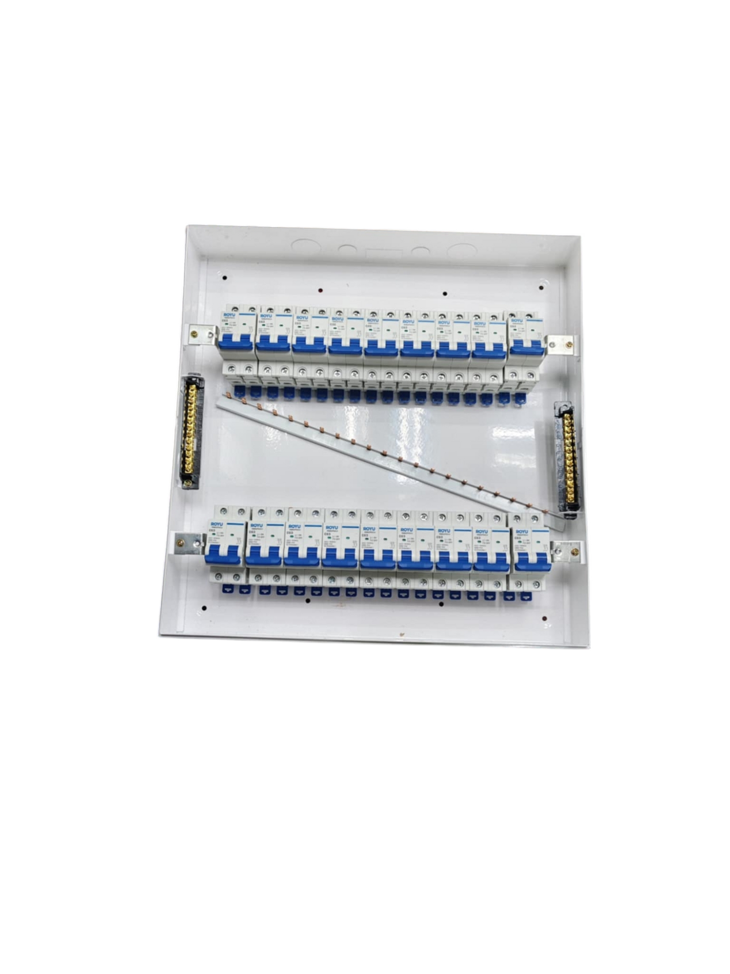 Royu and ZY 50A panel board with 17 branches for MCB. White metal enclosure with two rows of MCBs and busbars