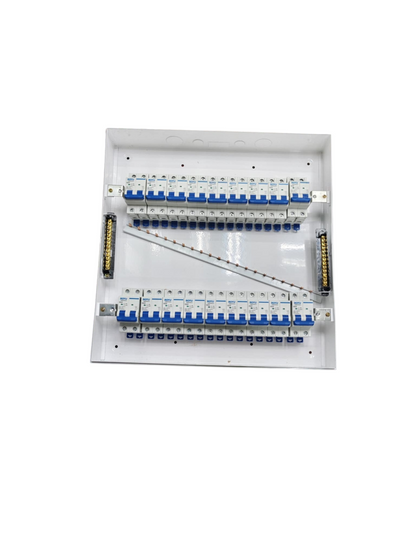 Royu and ZY 50A panel board with 17 branches for MCB. White metal enclosure with two rows of MCBs and busbars