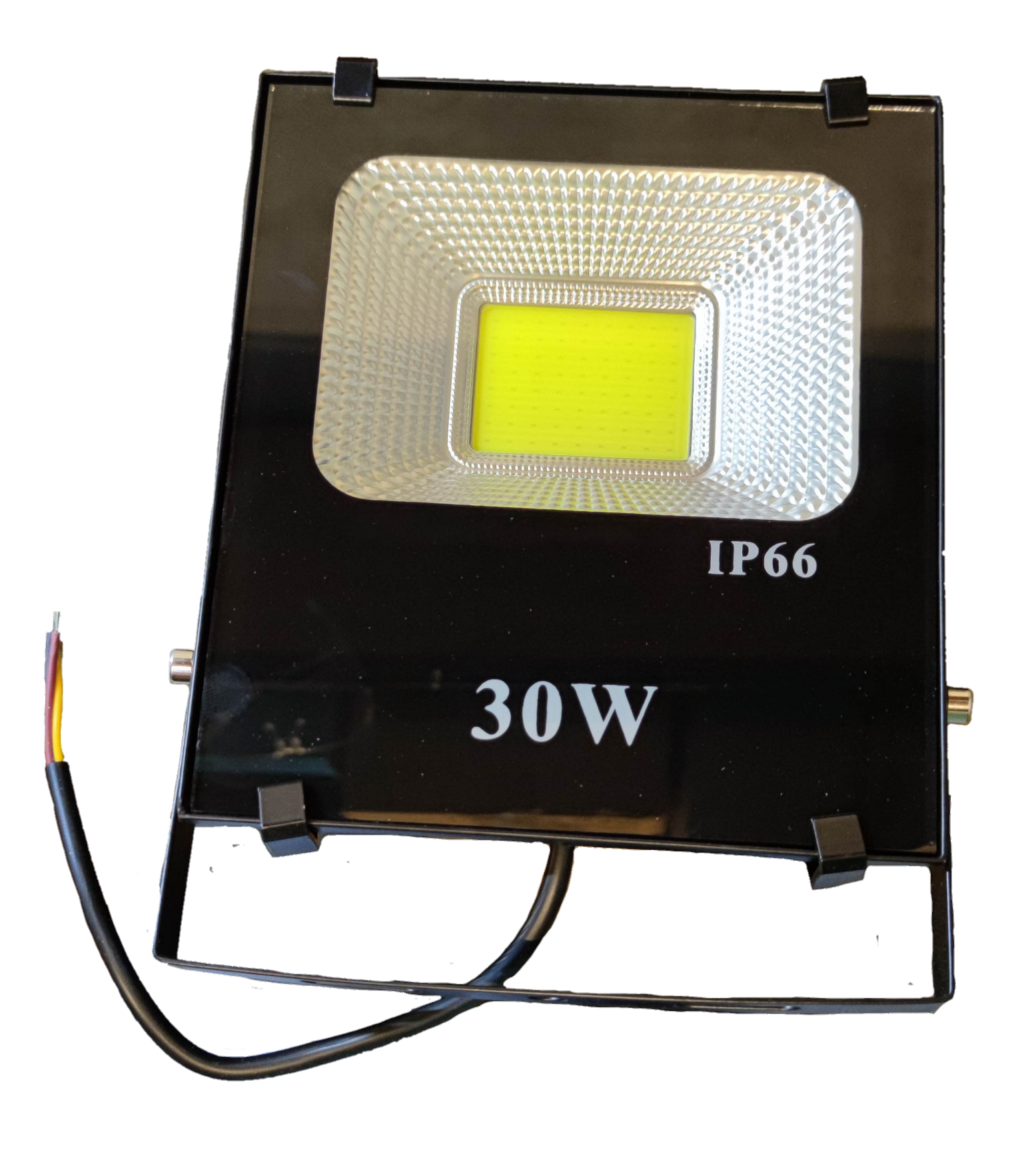 Denko 30W IP66 outdoor LED floodlight daylight black fixture with adjustable bracket and exposed wires