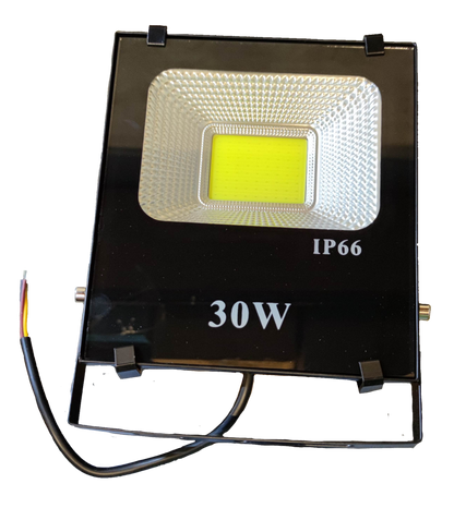 Denko 30W IP66 outdoor LED floodlight daylight black fixture with adjustable bracket and exposed wires