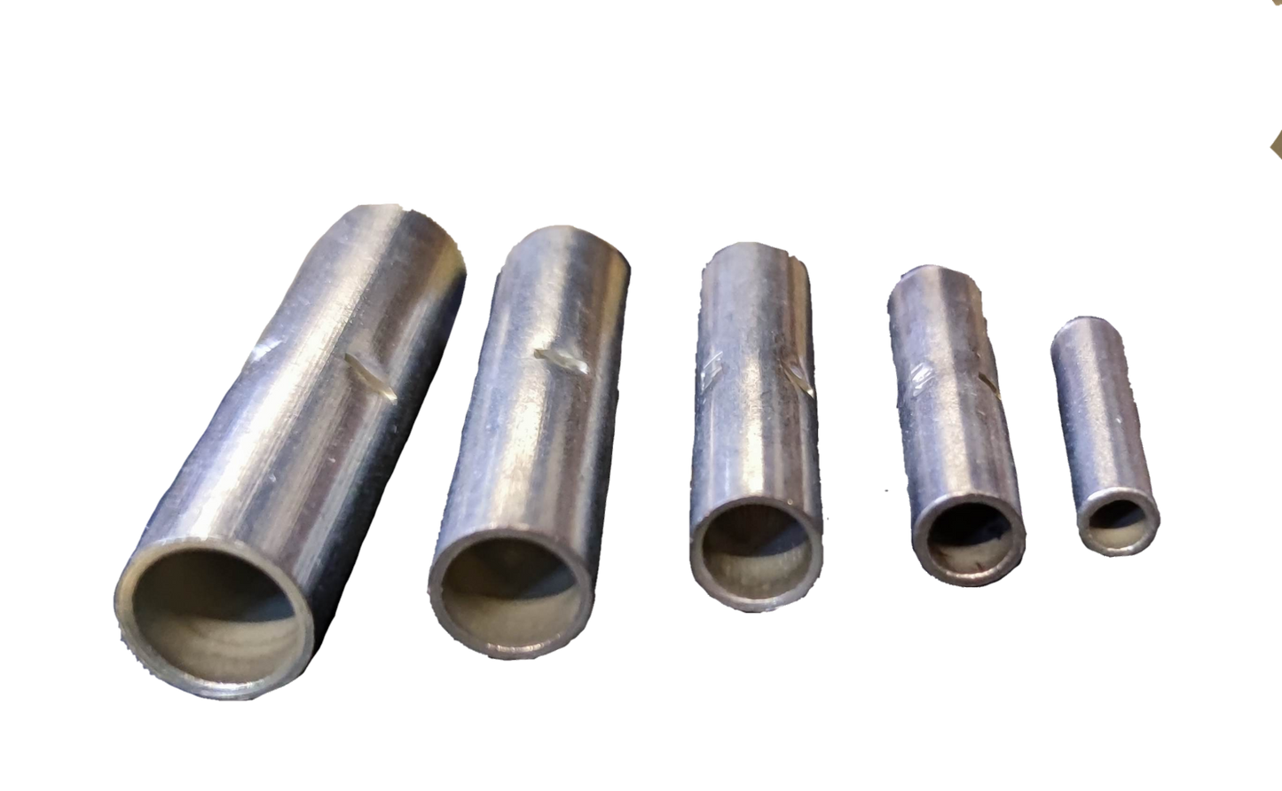 Set of aluminum crimp tubes for wiring showing five sizes Butt Connector 2mm - 50mm for electrical repairs