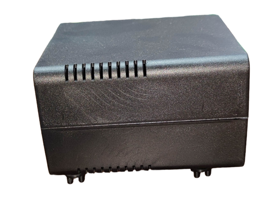 Black PVC box for wiring and assembly with ventilation slots for electrical components