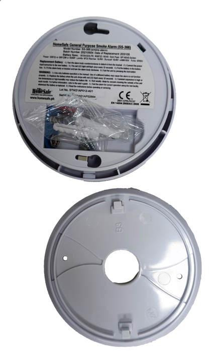 Home Safe Smoke Detector 9V with battery and mounting hardware shown from front and back