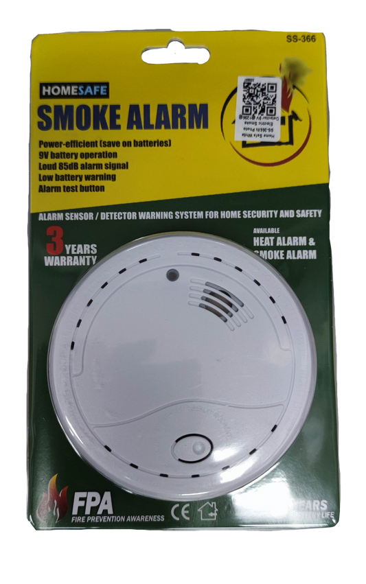 Home Safe Smoke Detector 9V alarm with loud 85dB signal and low battery warning in packaging