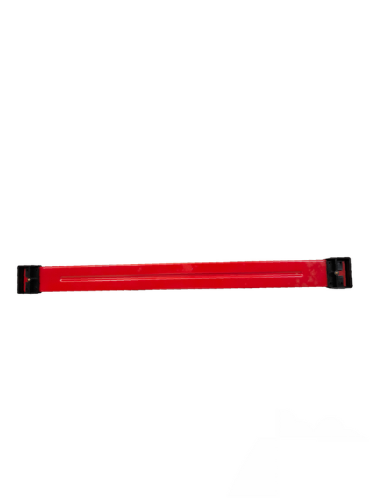Red space saver strap with black adjustable clips for organizing and securing items