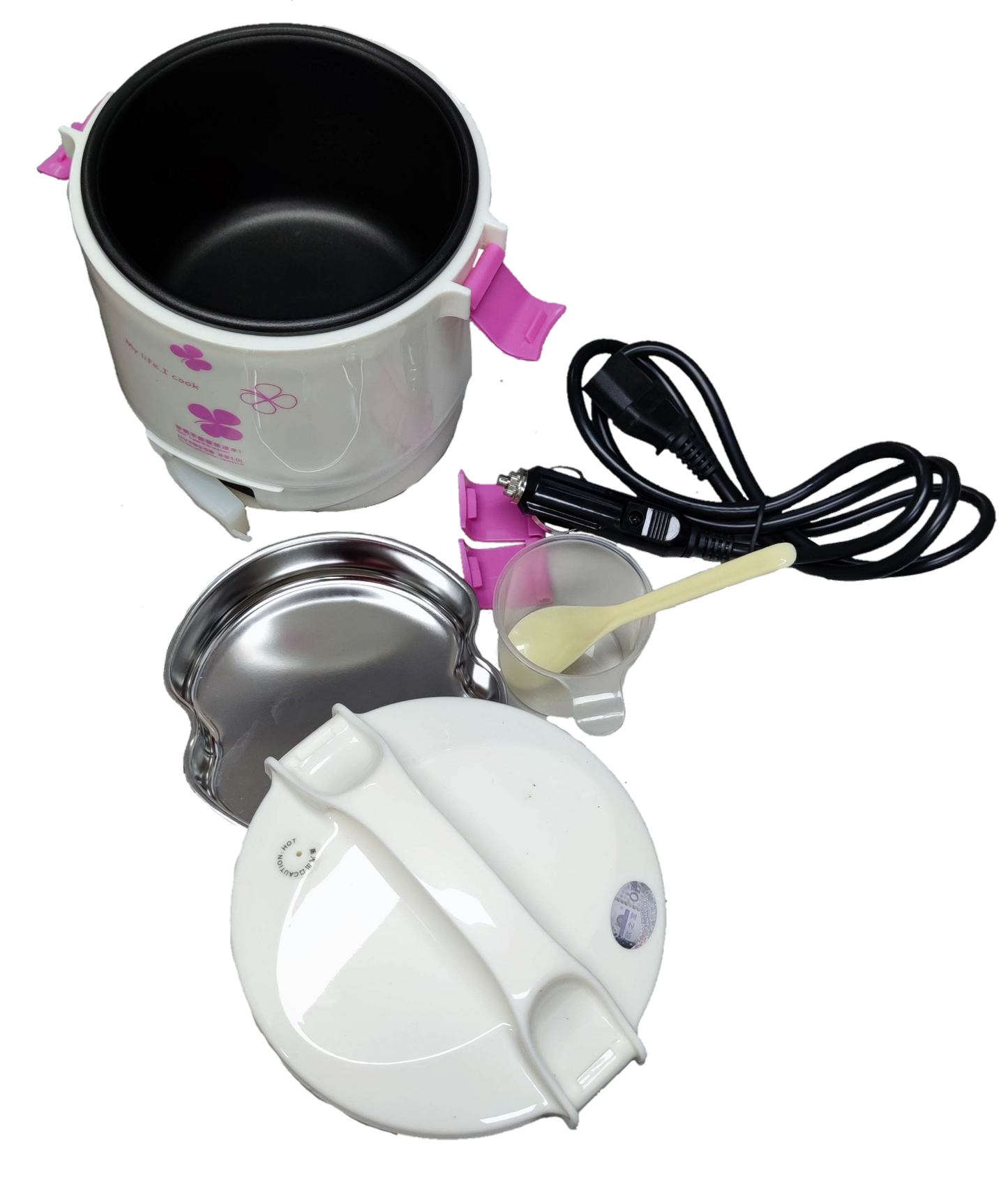 Rice Cooker 1 Liter 12V DC with accessories including measuring cup and power cord for easy cooking