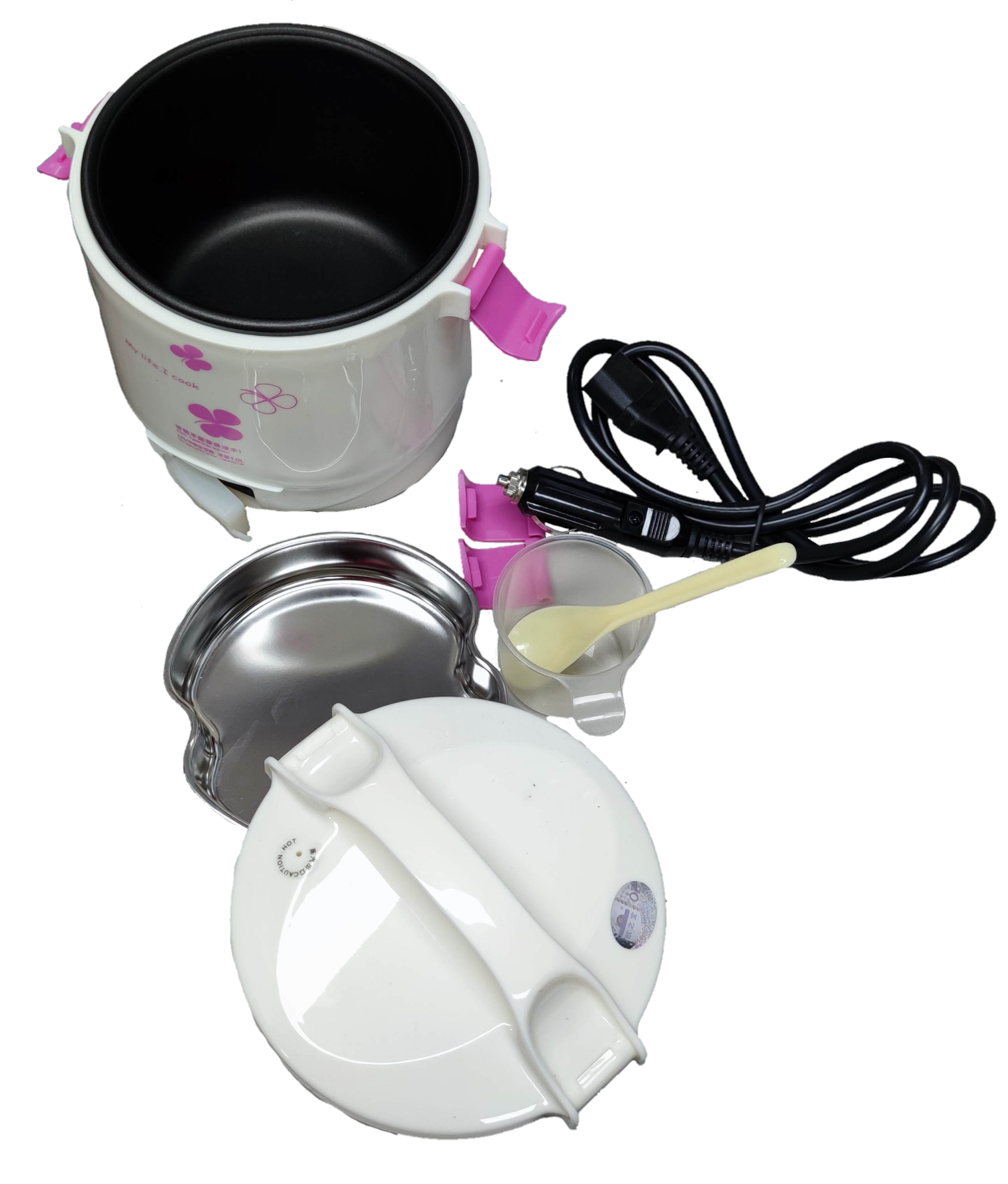 Rice Cooker 1 Liter 12V DC with accessories including measuring cup and power cord for easy cooking