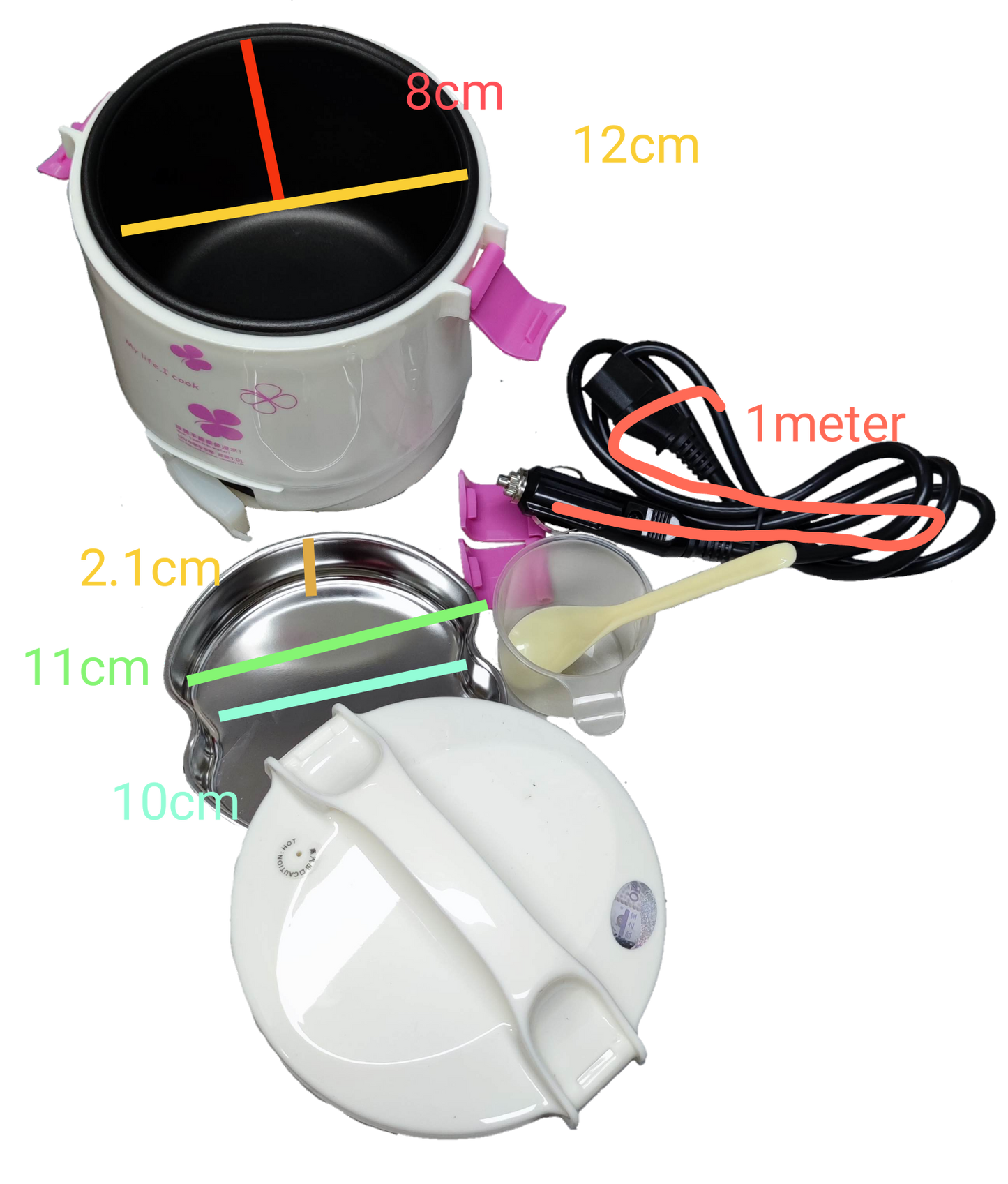 Rice Cooker 1 Liter 12V DC with a measuring cup and spatula, ideal for quick meals