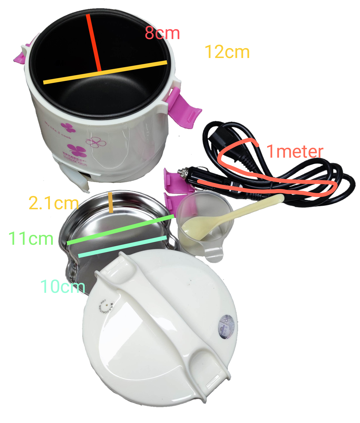 Rice Cooker 1 Liter 12V DC with a measuring cup and spatula, ideal for quick meals