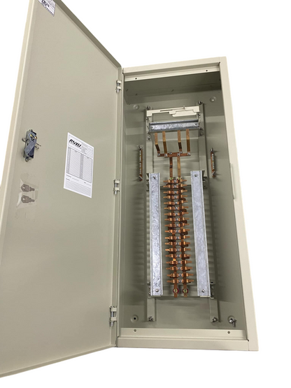 Chint miniature circuit breaker panel 18 branches beige metal enclosure open showing copper busbars and mounting rails