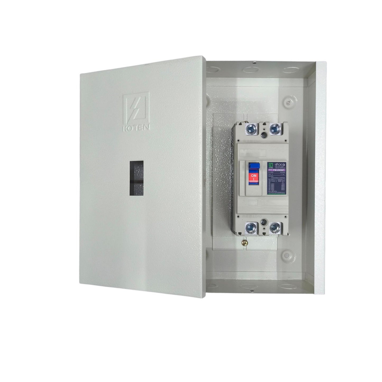 Koten 150A industrial circuit breaker housed in a durable gray panel for electrical safety.