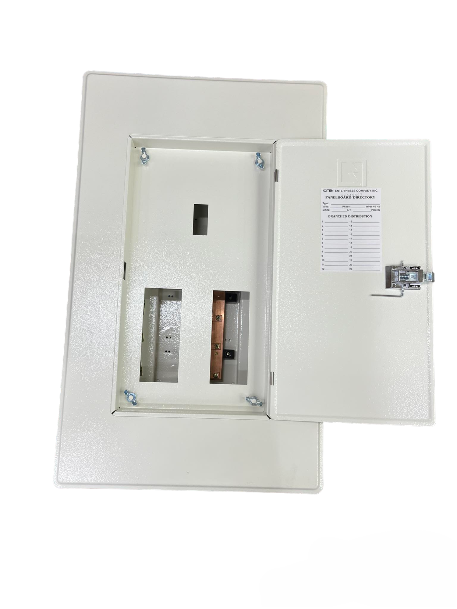 Koten 250A panel board with 6 branches. White metal electrical panel with open door showing bus bars and breaker slots