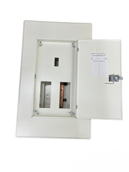 Koten 250A panel board with 6 branches. White metal electrical panel with open door showing bus bars and breaker slots