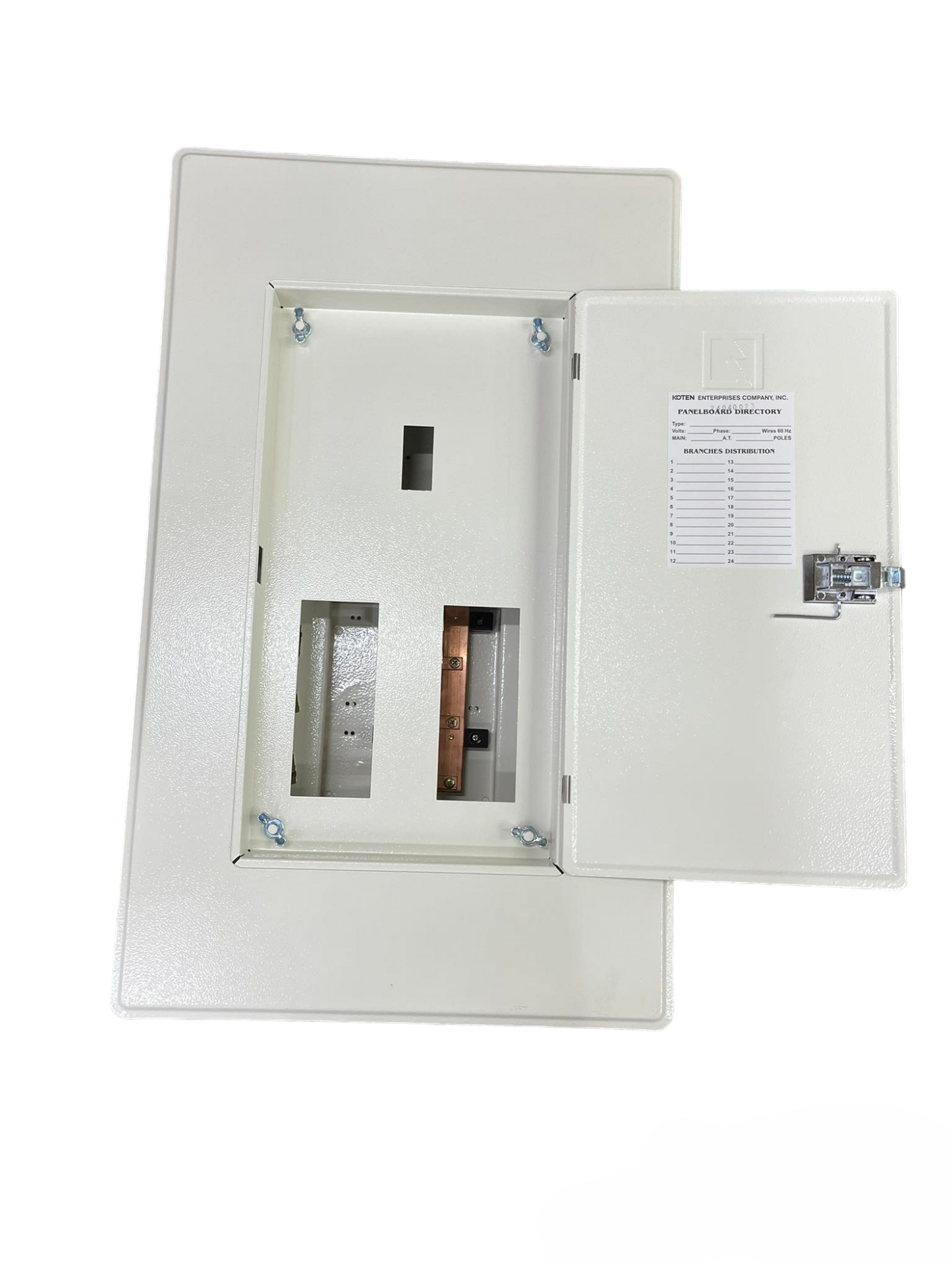 Koten Panel Board 175A 2P with 6 branches 2P B-On. white metal electrical panel with open door showing bus bars
