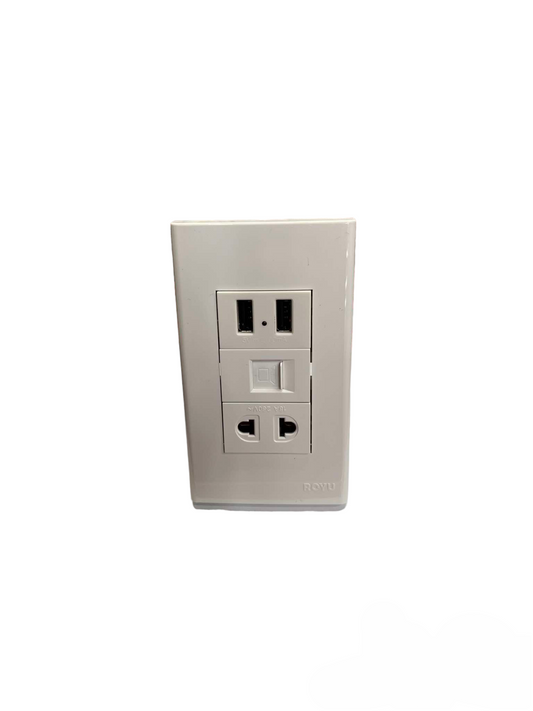Royu white wall power plate 3 Gang 2 Port USB 2100mAh 5VDC with universal sockets and rocker switch