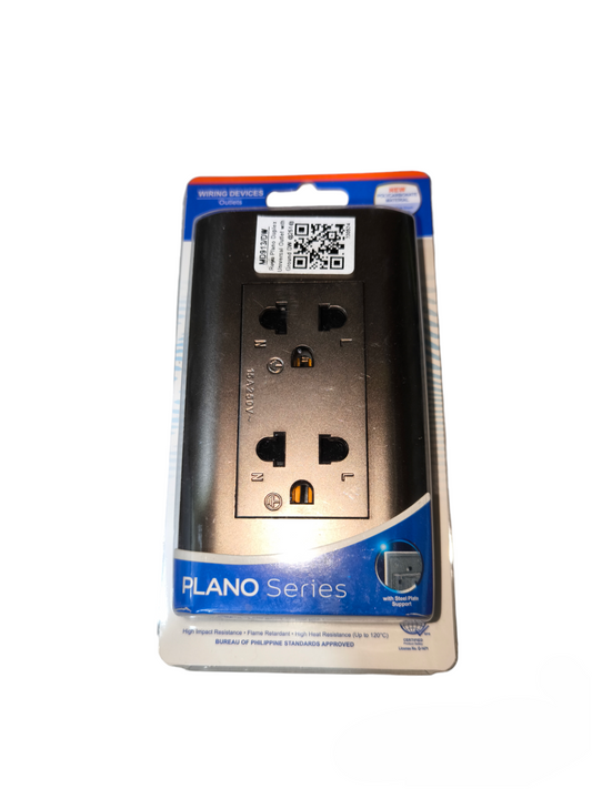 Royu Duplex Universal with Ground 15A 250V black power outlet plug from PLANO Series in packaging
