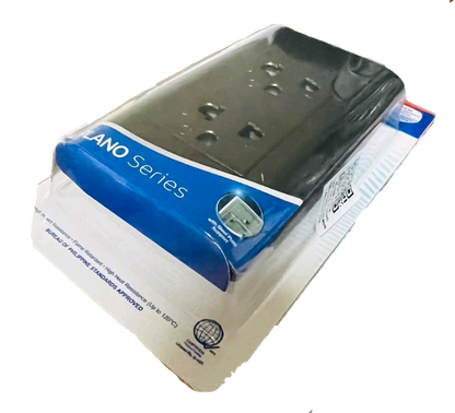 Royu Universal Outlet 15A 250V Dark Gray power strip with multiple sockets in retail packaging
